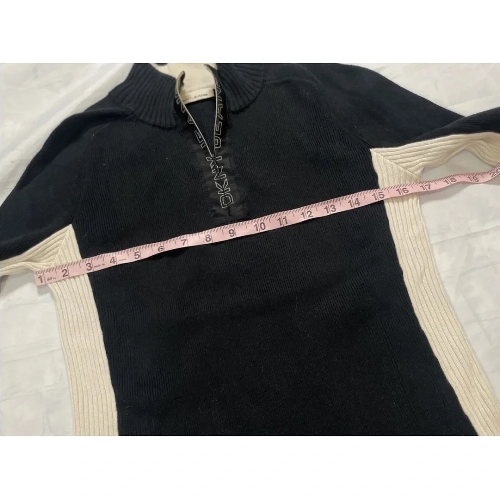 90s DKNY active fitted 2 tone quarter zip pullover sweater black‎ ivory Ribbed M